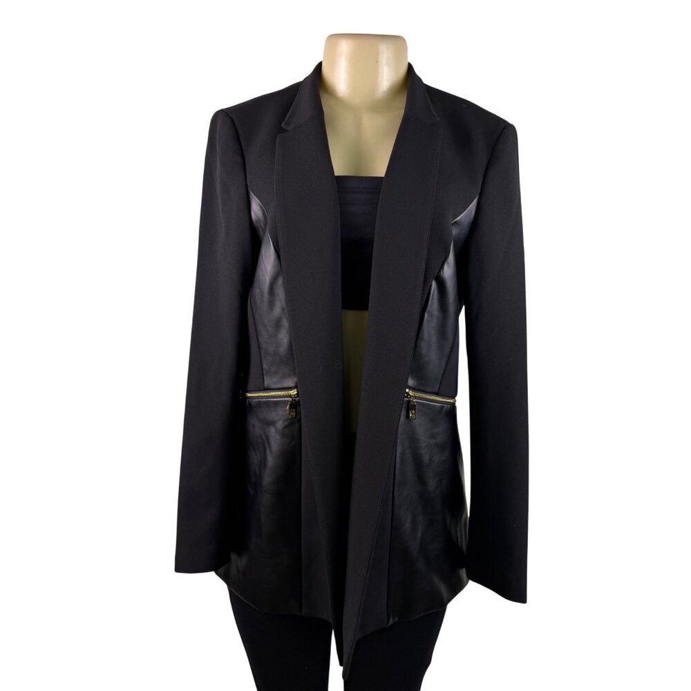 Anne Klein Womens Black Blazer With Faux Leather Accents Open Front Sz L